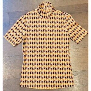 Frank & Oak Womens Shirt Top Sz XS Stretchy Short Sleeve Mock Neck Tan Geometric